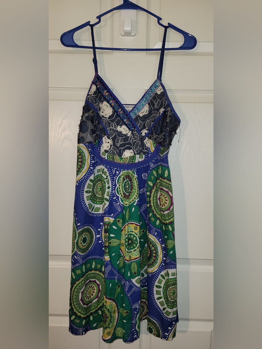 Farinelli Vintage Boho Strappy Patchwork Slip Dress Size Small Blue Green